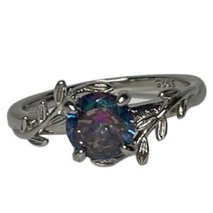 NEW Rainbow Mystic Topaz Round Cut 925 Sterling Silver Ring Vine Leaves Size 7.5